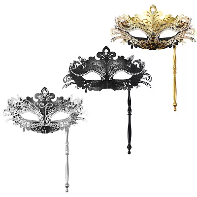 Masquerade Mask With Holding Stick Venetian Costume Mardi Gras Masks For Women • $14.71