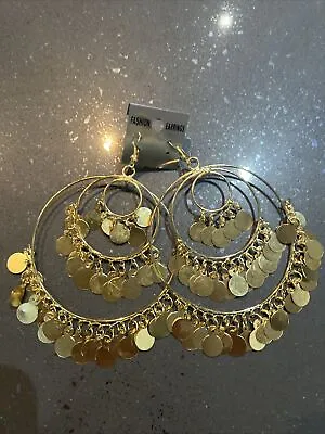 Oversized Coin Hoop Boho Ethnic Earrings In Gold NEW • £6