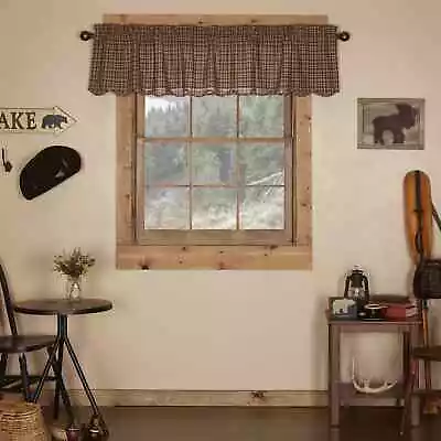 New Primitive Rustic Cabin CREAM BROWN TAN PLAID VALANCE Curtain Topper • $19.99