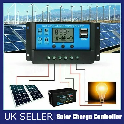 10A 20A 30A Solar Panel Battery Charge Controller LCD Regulator Dual USB 12V/24V • £7.99