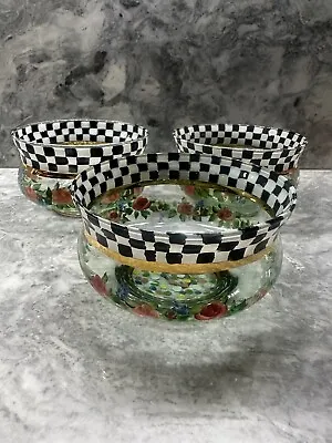 Lot Of 3 MACKENZIE CHILDS 1983 Courtly Check Circus Rose Hand Painted Glass Bowl • $359