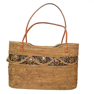 Handmade Round Ata Bali Rattan Hand Bag Blue Gold Lining Leather Handles Read • $39