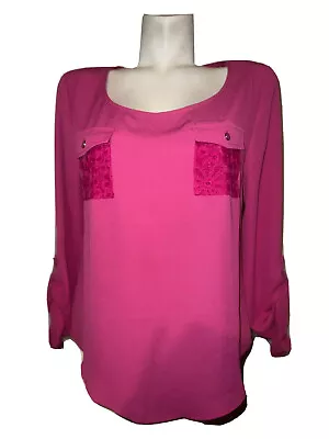 MINE Top Sz L Women's Size L Pink Embroidered Sheer Panel Roll Tab Sleeve Blouse • $14.99