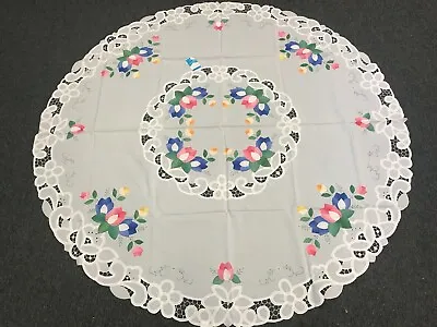 $35 • Buy Polyester White 88  Round Embroidered Applique Tulip Tablecloth Machine Wash