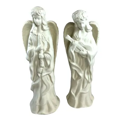 Vintage Lot 2 Angels Playing Music White Ceramic Flute Banjo Home Decor Set Of 2 • $32.49