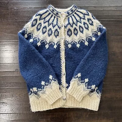 VTG Alva Knit Sweater Cardigan Knit Iceland Wool Blue Nordic Fair Isle Size L • $59.99