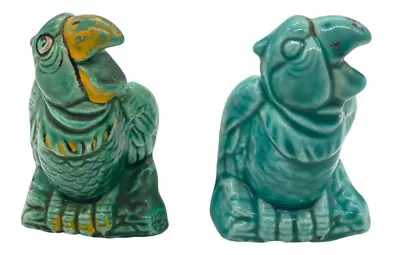 Pair Ceramic Parrot Figurines Majolica ? 3  Green Vintage Small  Parakeet ? • $15