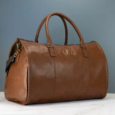 Personalised Mens Leather Holdall Bag Black Or Brown - Weekend Travel Bag Embroi • £54.99