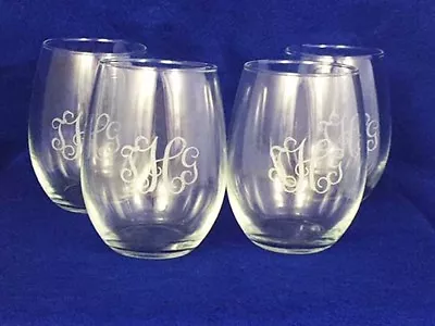 Set Of 4 Monogramed Stemless Wine Glasses Engraved Personalizd Free Shipping • $29