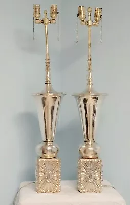 Hollywood Regency Silvered  Plate Trumpet Urn Table Lamps 25” Pair • $240