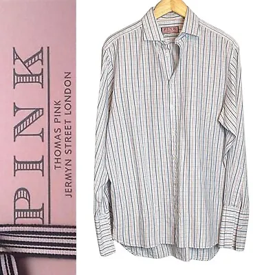 Thomas Pink Button Front Shirt Mens Size 16 Plaid French Cuff Long Sleeve Cotton • $34.99