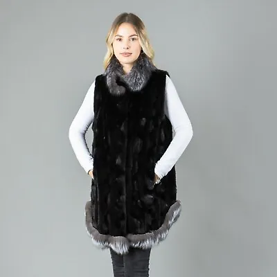 Real Black Mink Fur Vest Long With Fox Fur Details Collared Women Winter Warm  • $550