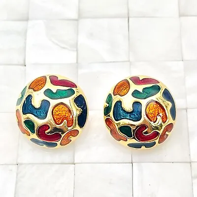 $29.99 • Buy Colorful Enamel Round Clip On Earrings Gold Tone The Vintage Strand Lot #4386