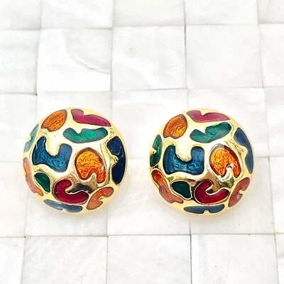 $29.99 • Buy Colorful Enamel Round Clip On Earrings Gold Tone The Vintage Strand Lot #4386