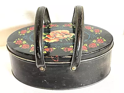 Vintage 1930's Black & Floral Painted Metal Picnic Basket Lunch Pail • $45