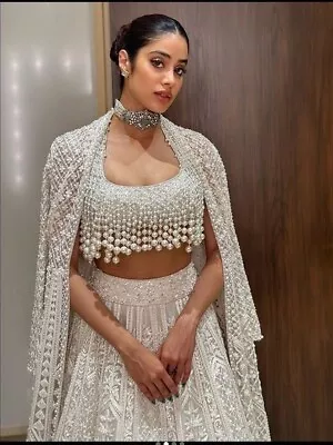 New Bollywood Designer Manish Malhotra Janhavi Kapoor Pearl Lehega White Moti • $3999.99