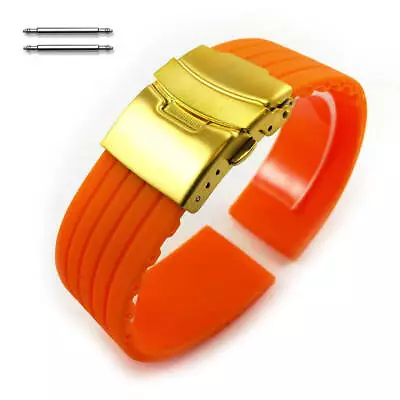 Orange Rubber Silicone Replacement Watch Band Strap Gold Double Lock Buckle 013G • $14.95