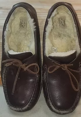 UGG Mens Byron 5161 Brown Leather Shearling Lined Moccasin Slippers Size 10 • $32.99