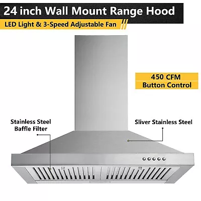 24 In Range Hood Stainless Steel Wall Mount Kitchen Vent 450CFM 3-Speed Fan New • $119.99