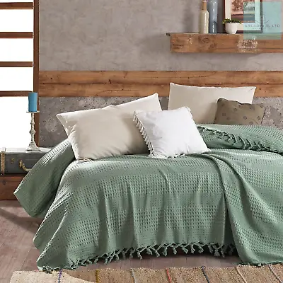 Milam London Sage Green Throw Blanket | Cotton Waffle Bedspreads King Size | 3 | • £43.11