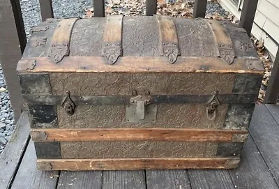 Antique 19th C. Victorian Dome Topped Tooled Leather Steamer Trunk Travel Chest • $325