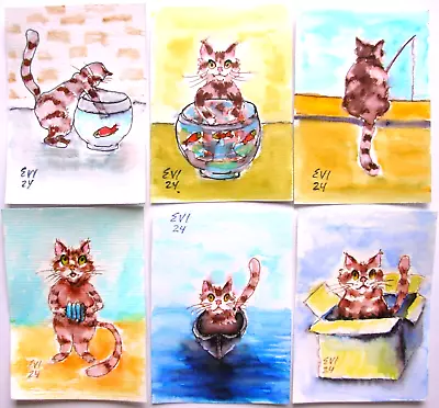 Set Of ACEO Ginger Cat Original Watercolor Painting Collectables Paper 2.5x3.5 • £35