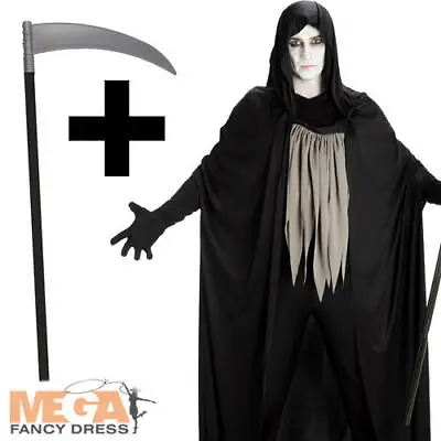 Dark Grim Reaper + Scythe Mens Fancy Dress Adults Death Halloween Horror Costume • £19.99