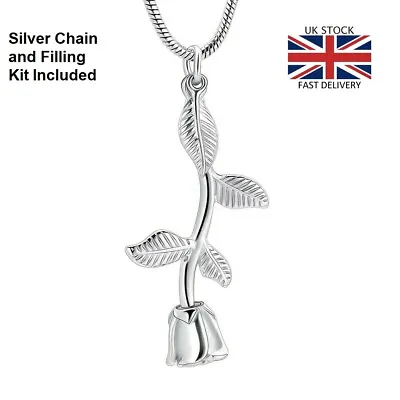 Silver Rose Flower Cremation Urn Pendant Ashes Necklace Funeral Memorial UK • £14.95