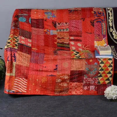 Vintage Patchwork Kantha Bedspread Indian Handmade Quilt Throw Silk Blanket Boho • $42.63