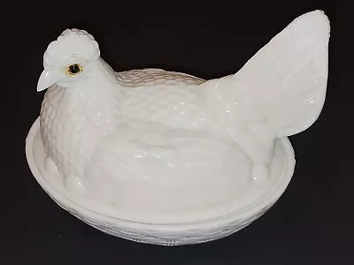 MILK GLASS Vintage HEN Figurine On NEST Covered CANDY DISH  • $24.90