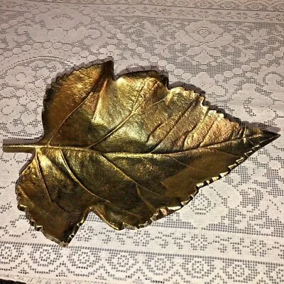 Vintage Cast Metal Veined Leaf Trinket Dish Bowl Grape Stem Metallic Gold 9 X7  • $19.95