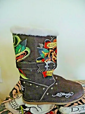 ED HARDY Bootstrap Boots 9M Brown Suede Graphics Sherpa Fur Lined ONCEWORN • $85.95