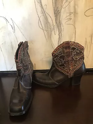 EUC Mark Nason  Rock Lives  Brown Studded Embroidered Western Ankle Boots 9 RARE • $55