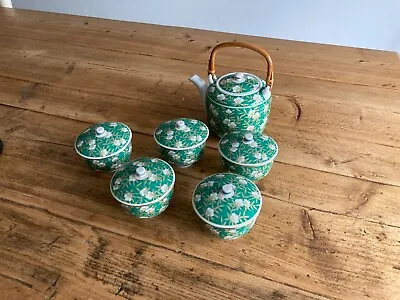 Chinese Japanese Oriental Tea Pot And Cups Set Jasmine Flower Green White • £34.99