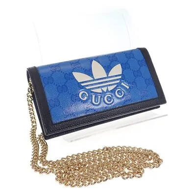 GUCCI Adidas Collaboration Chain Wallet Crystal GG Canvas X Leather Blue TGIS • $1053.18