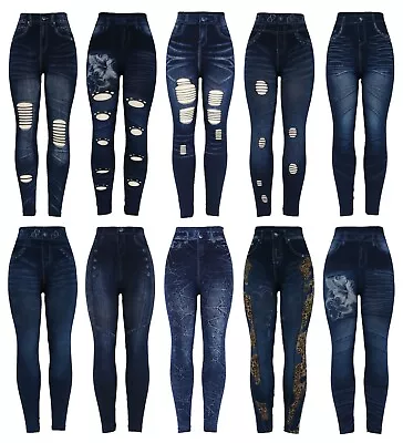 £7.99 • Buy New Womens Stretchy Thick Denim Print Denim Look Ripped Skinny Legging Jeggings