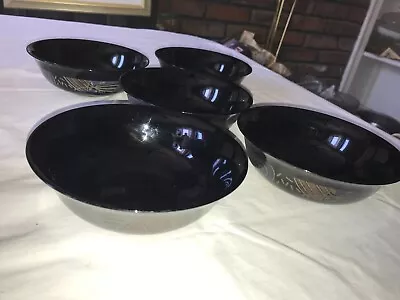 Set Of 5 ARCOROC Black Glass TAMPICO 6¼ X2  Soup/Cereal BOWLS Geometric Abstract • $35