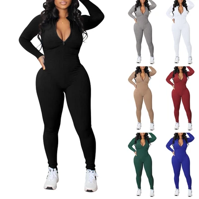 $37.89 • Buy Womens Jumpsuit  Fashion Solid Color Mock Neck Long Sleeve Ribbed Bodycon New
