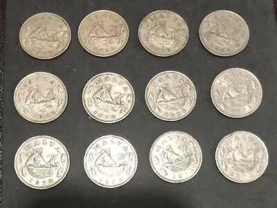 1972 Malta  Lot Of 12 Collectible-10 Cents Copper Nickel Coins-km#11 • $19.95