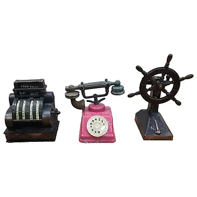 Vintage Pencil Sharpener Die Cast Metal Set Of 3 Phone Ship Wheel Cash Register • $11.99