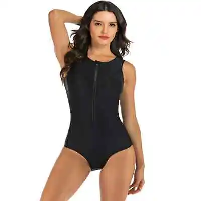 Ladies Print Rush Guard Sleeveless Zip Front Swimsuit BLACK MEDIUM 10-12 • £12.95