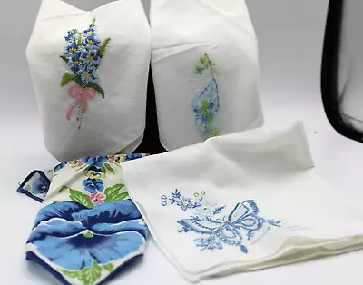 Vintage Floral Handkerchiefs Blue Flowers Butterfly Lot Of 6 • $14.95