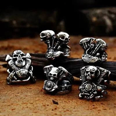 Stainless Steel Motorcycle Engine Skull Ring Hip Hop Punk Biker Men Gothic Gift • $4.49
