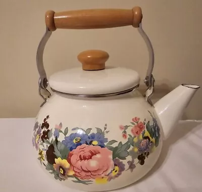 Vintage Floral Enamelware Tea Pot Kettle Metal - Wood Handle Cottagecore  • $14.99