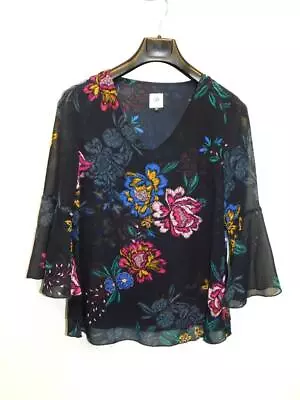 CAbi S Navy Blue Pink Floral Oliva Blouse 3/4 Flared Bell Sleeve Shirt 3506 Top • $14.99