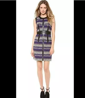 Milly Tweed Chevron Virgin Wool & Lamb Leather Zig Zag Sleeveless Sheath Dress 4 • $42.49