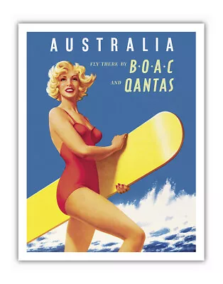 Australia - Woman Surfer - BOAC & Qantas - Vintage Airline Travel Poster C.1950 • $12.98