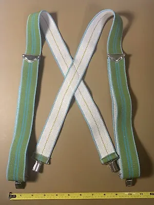$18 • Buy Vintage Fireman Police Green Blue Stripe Suspenders Brace Stretch 34-40