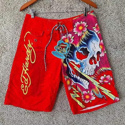 Ed Hardy Board Shorts Mens 32 Red Skull Floral Tattoo Surf Swim Pockets • $62.95