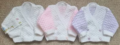 New Hand Knitted Baby Girls Crossover Style Cardigans White/Pink/Lilac Stripes • £7.50